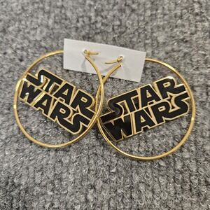 Lucas Films Star Wars Earrings Gold Black Enamel 2" Hoops